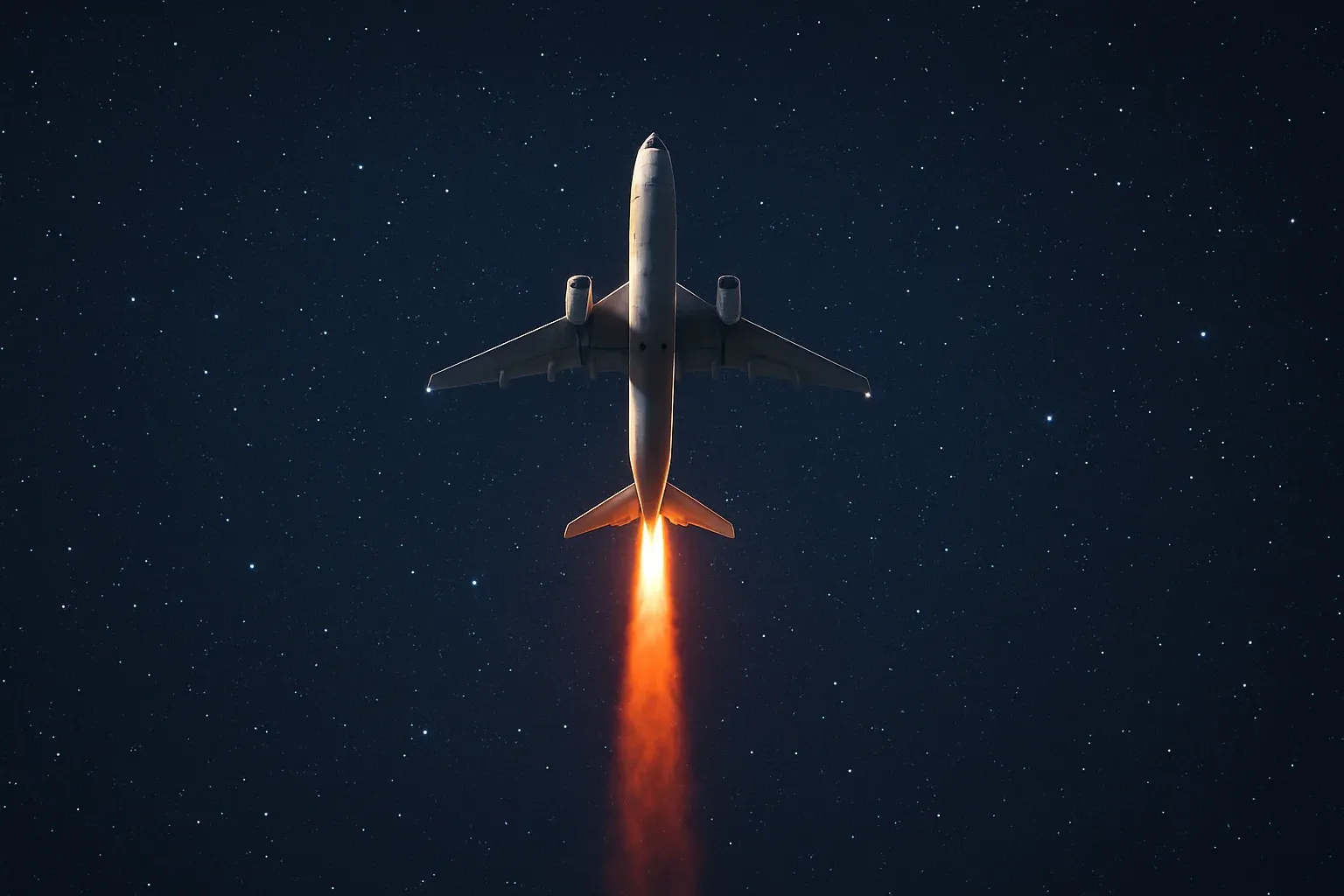 Illuminated aircraft ascending steeply in star-filled night sky with afterglow trail