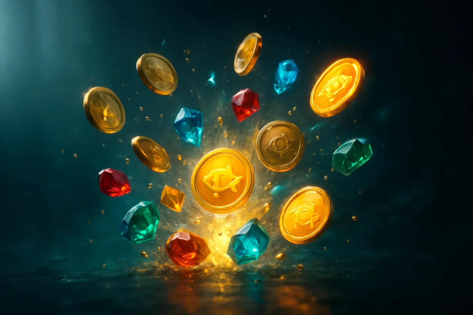 Cinematic explosion of fishing game rewards with coins, gems, glowing fish tokens
