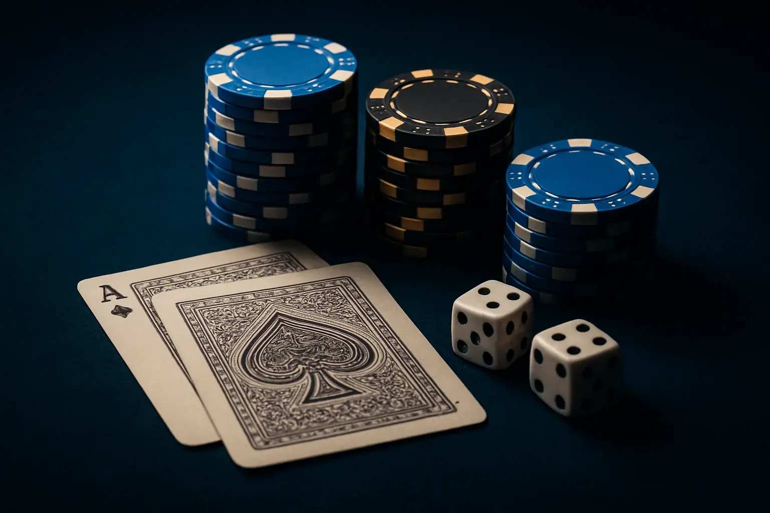 Ultra-realistic macro of poker chips, cards, and dice on blue velvet