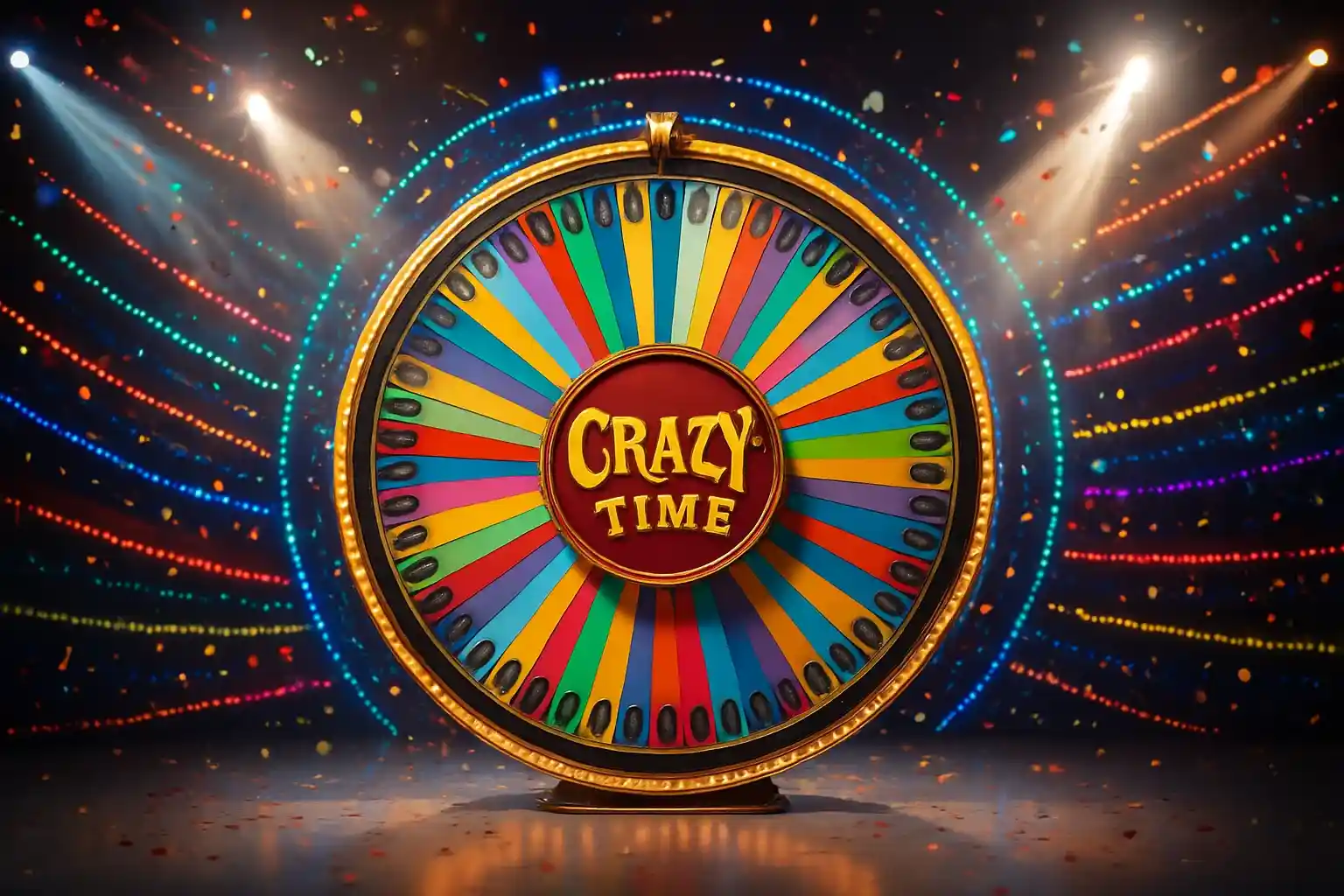 Ultra-realistic live casino game show studio with colorful spinning money wheel