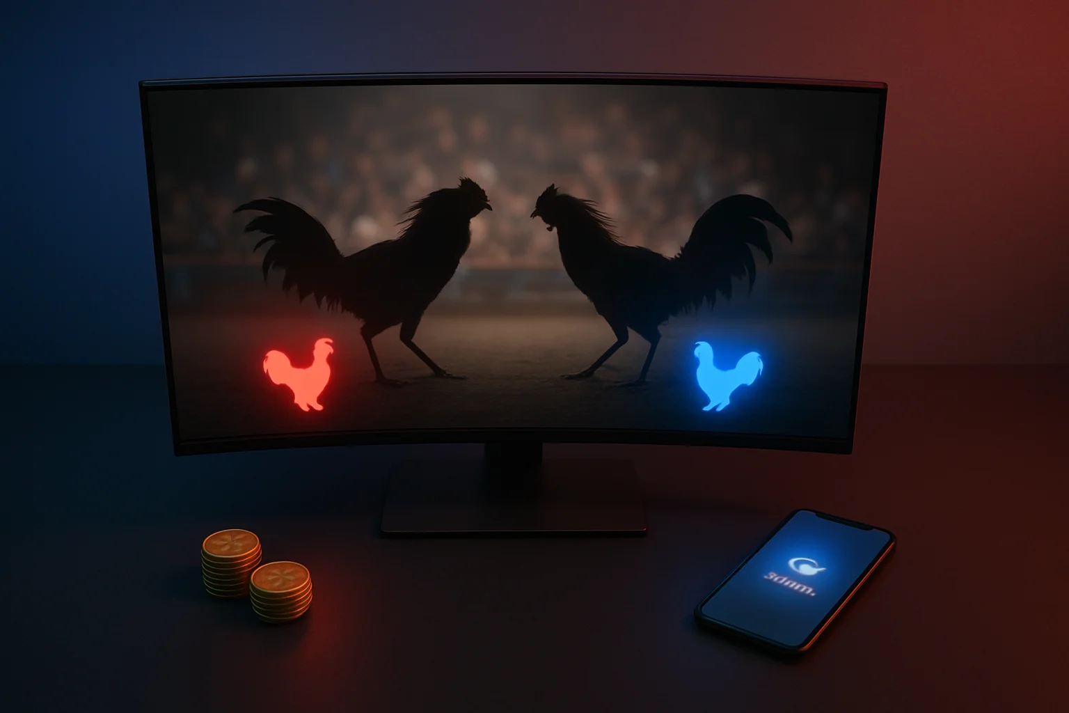 Cinematic premium online sabong betting desk with monitor, phone, and chips