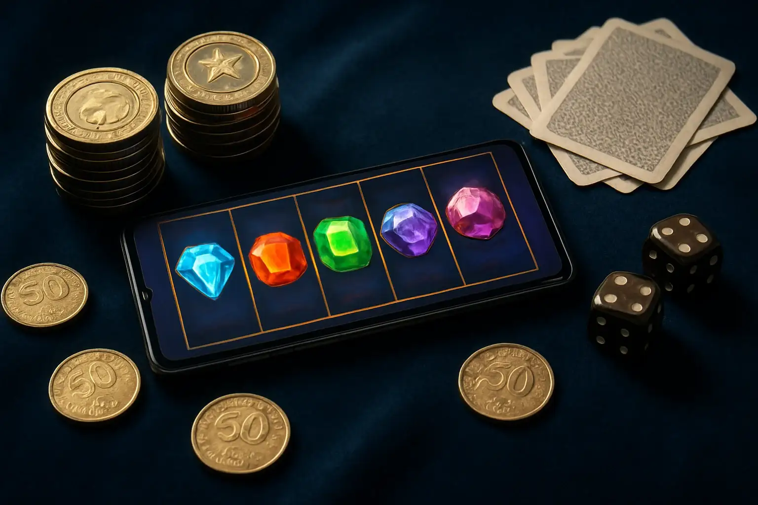 Smartphone showing colorful slot reels with Philippine casino chips, coins, dice