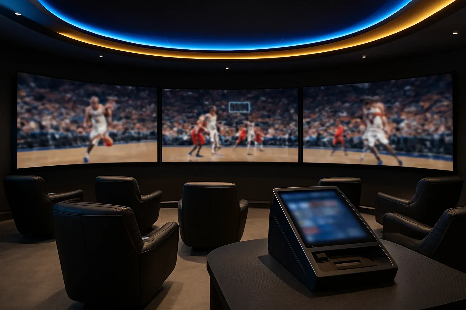 Cinematic wide shot of premium sports betting lounge in Manila